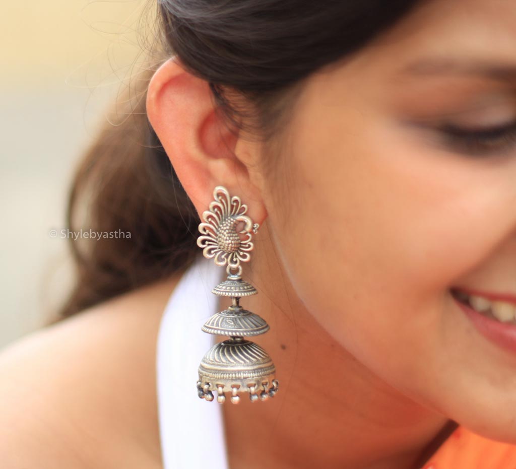 Dulari Peacock Motif Triple Layer Jhumka