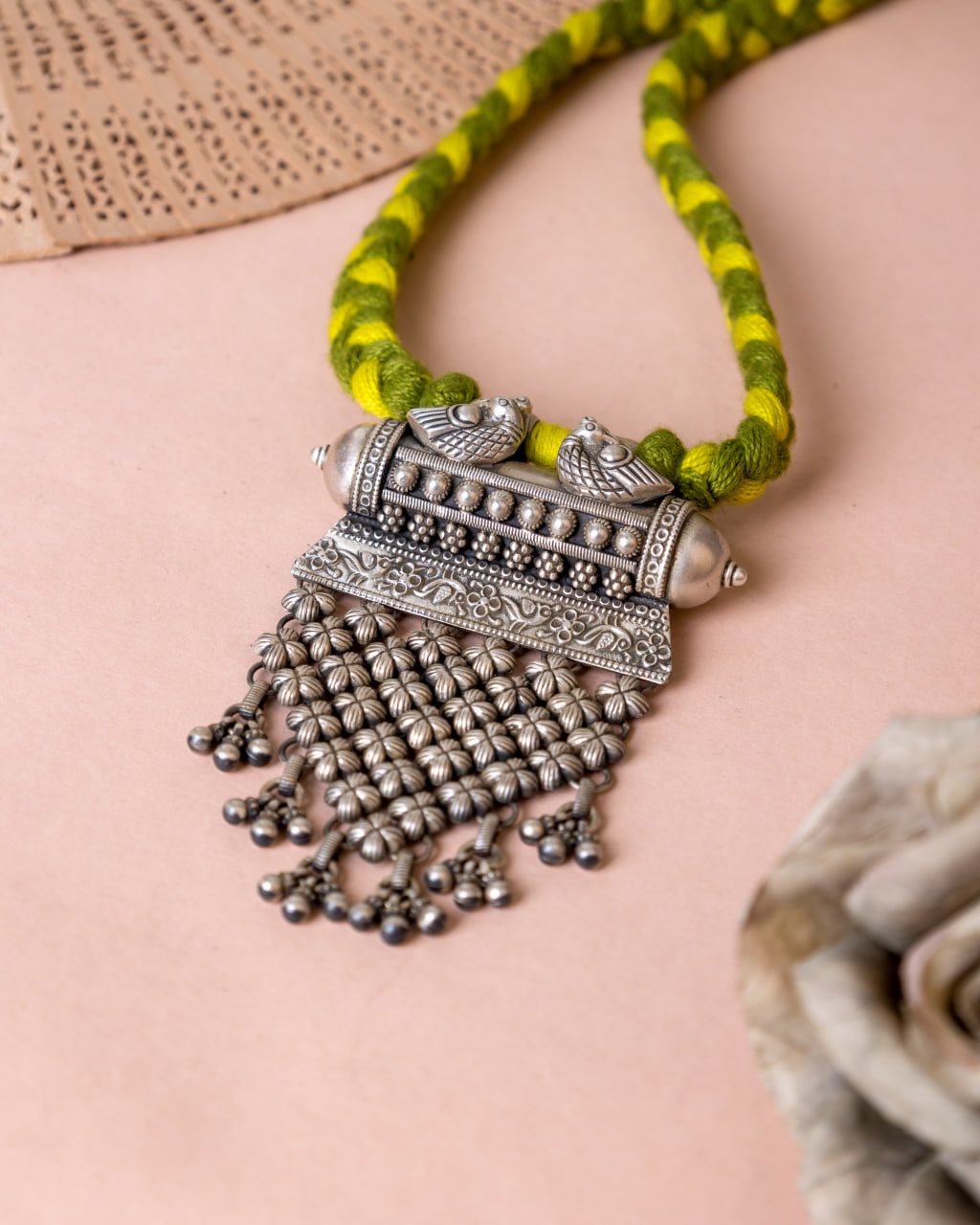 Tattva Dual Peacock Intricate Jali Dori Necklace