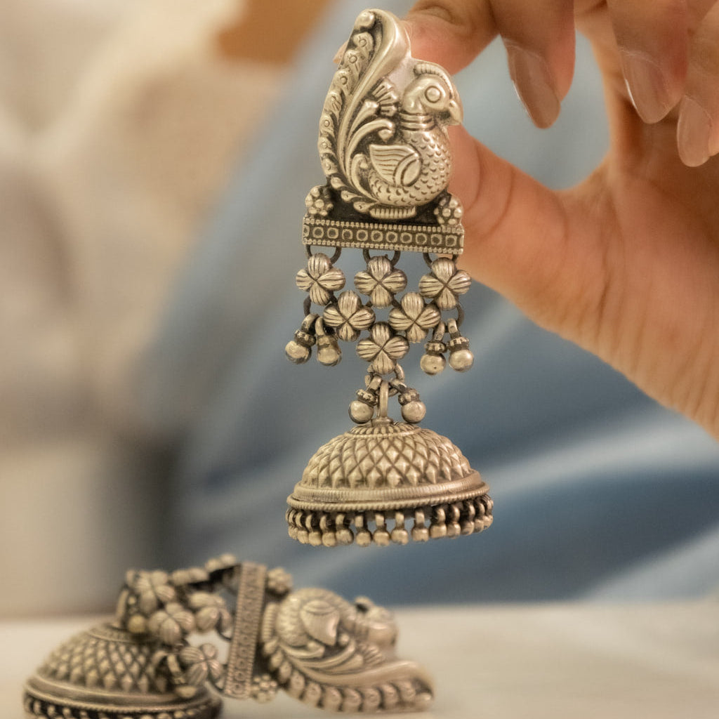 Tattva Peacock Jali Textured Grand Jhumka