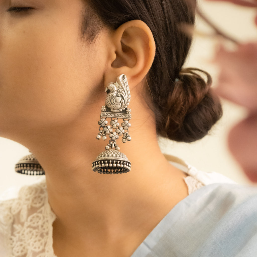 Tattva Peacock Jali Textured Grand Jhumka