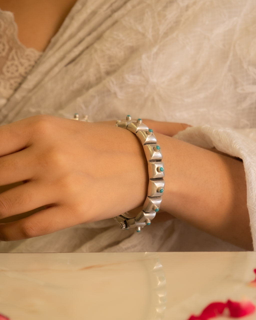 Tattva Turquoise Stone Square Tikdi Embossed Kada