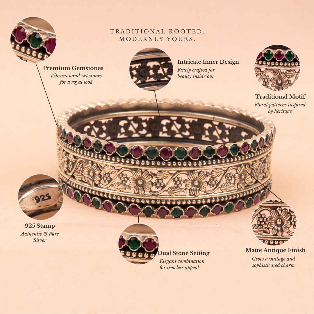 92.5 sterling silver Tattva Intricate Flora Detailed Jadau Kada, view 4