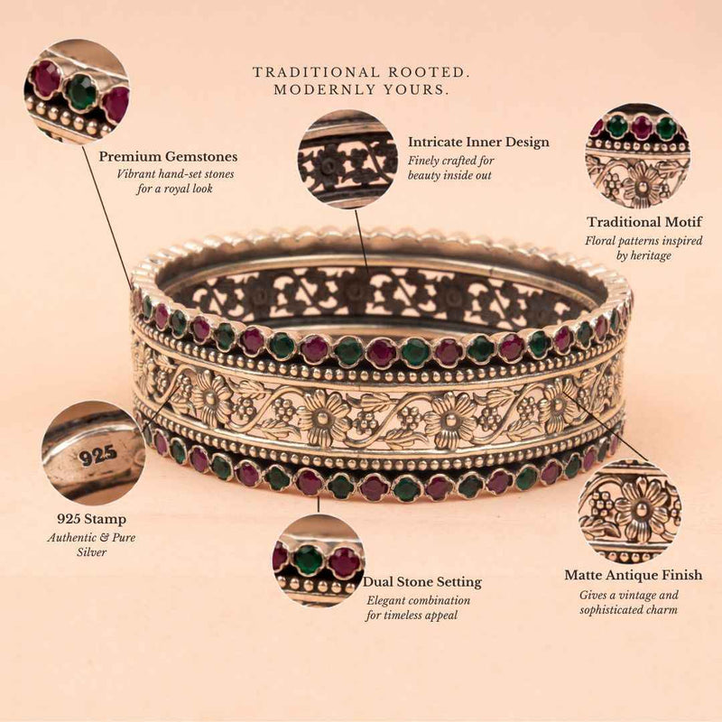 92.5 sterling silver Tattva Intricate Flora Detailed Jadau Kada, view 4