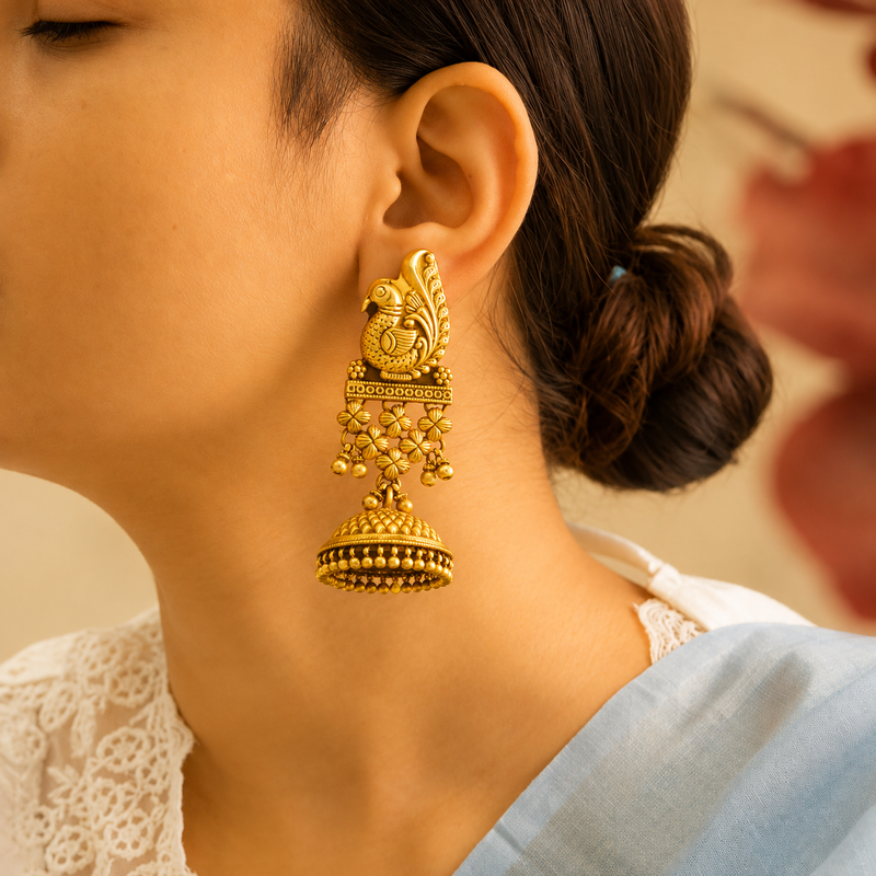 Tattva Peacock Jali Textured Grand Jhumka