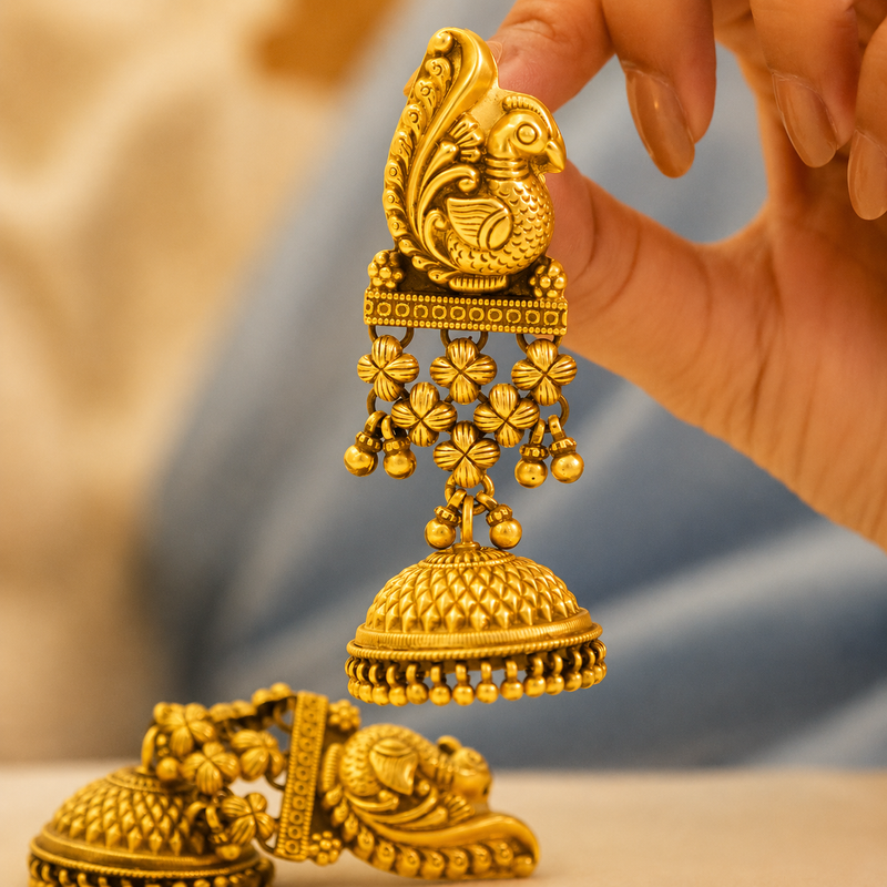 Tattva Peacock Jali Textured Grand Jhumka
