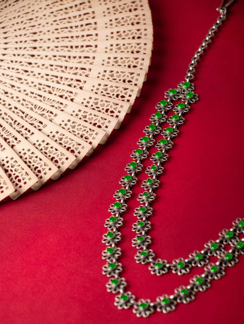 Tattva Carved Flower Two Layered Green Necklace