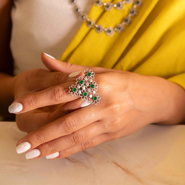 Tattva Carved flower statement green ring