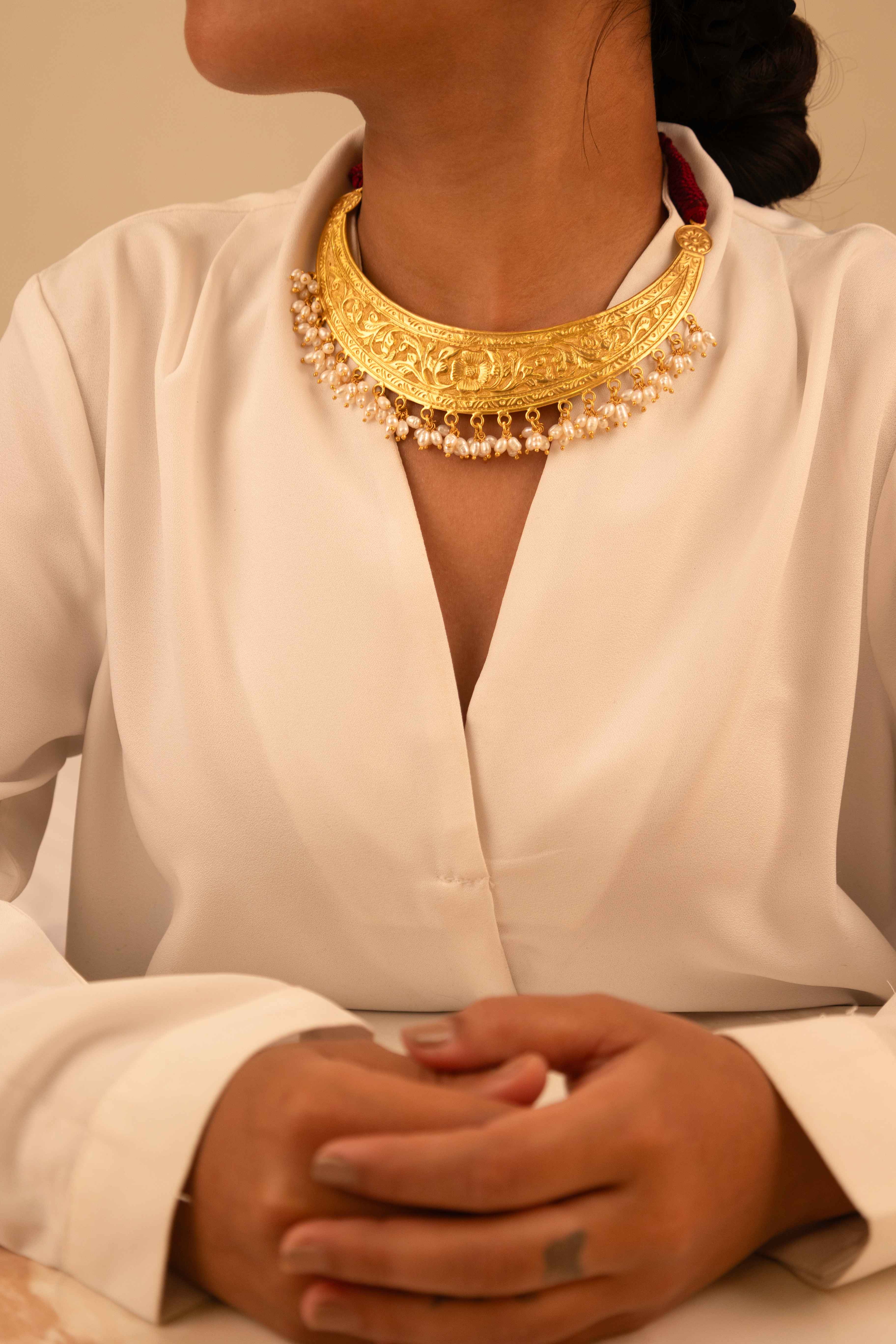 Tattva Chitai Flower Intricate Gold Plated Pearl Drop Dori Necklace