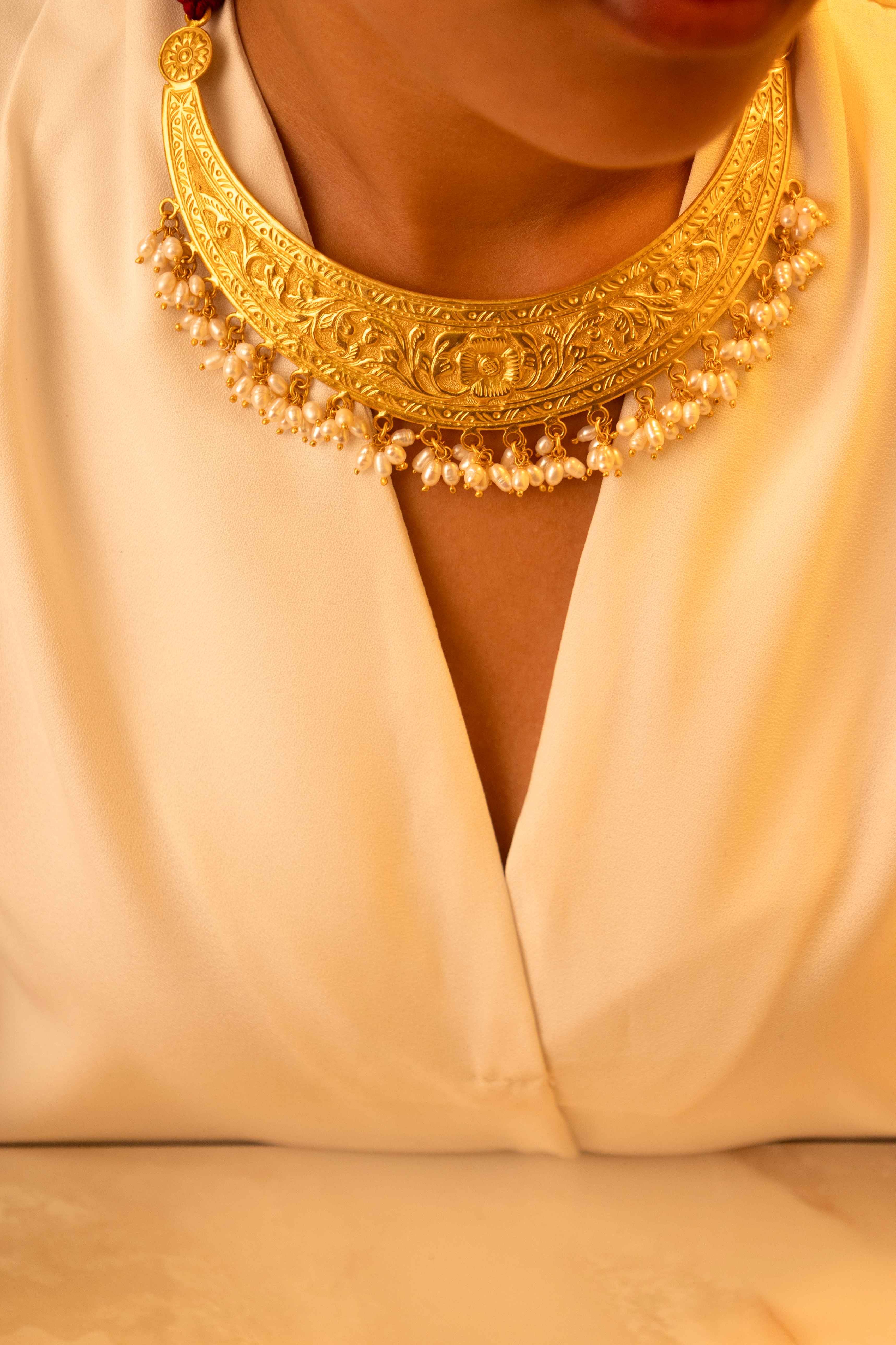 Tattva Chitai Flower Intricate Gold Plated Pearl Drop Dori Necklace