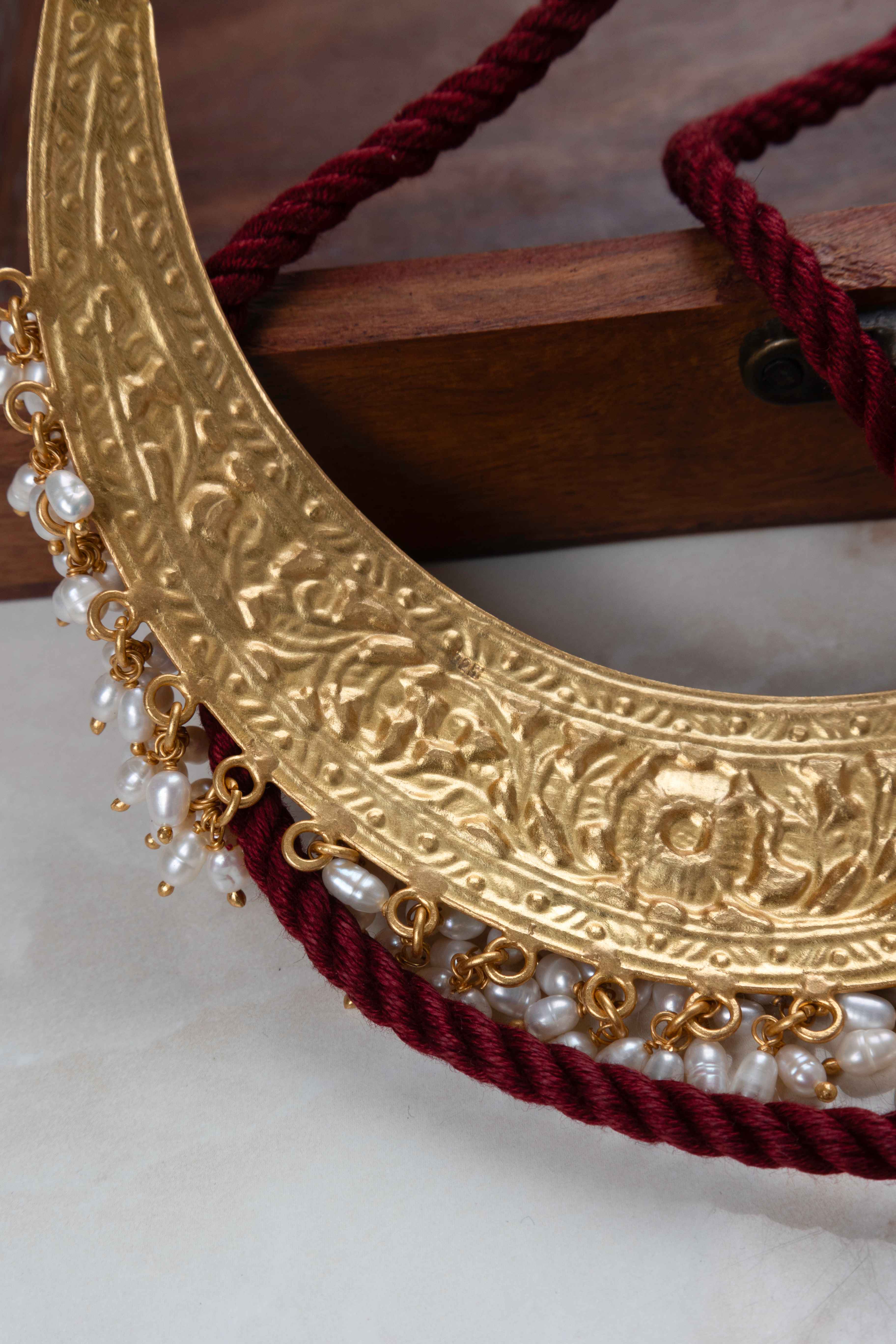 Tattva Chitai Flower Intricate Gold Plated Pearl Drop Dori Necklace