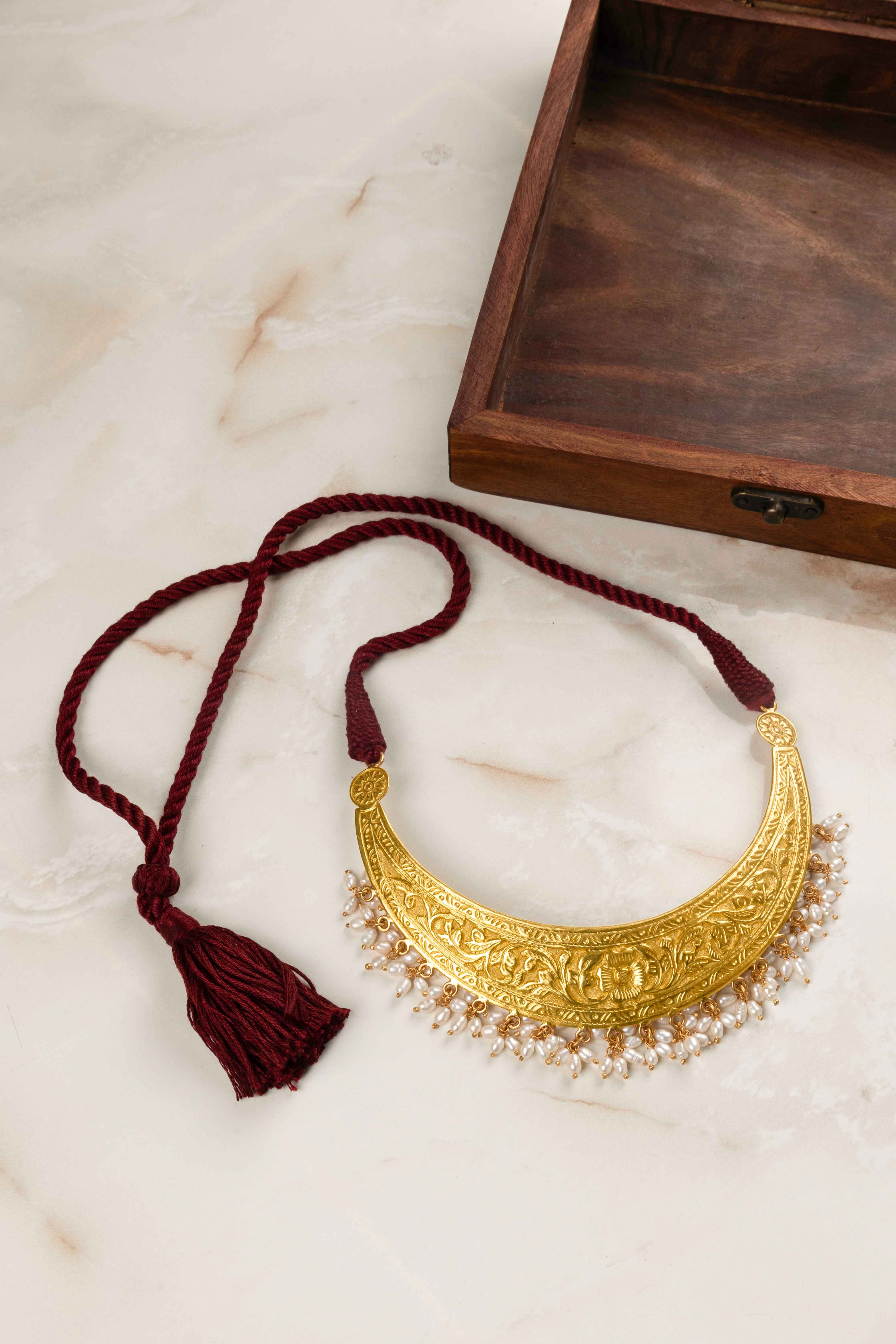 Tattva Chitai Flower Intricate Gold Plated Pearl Drop Dori Necklace