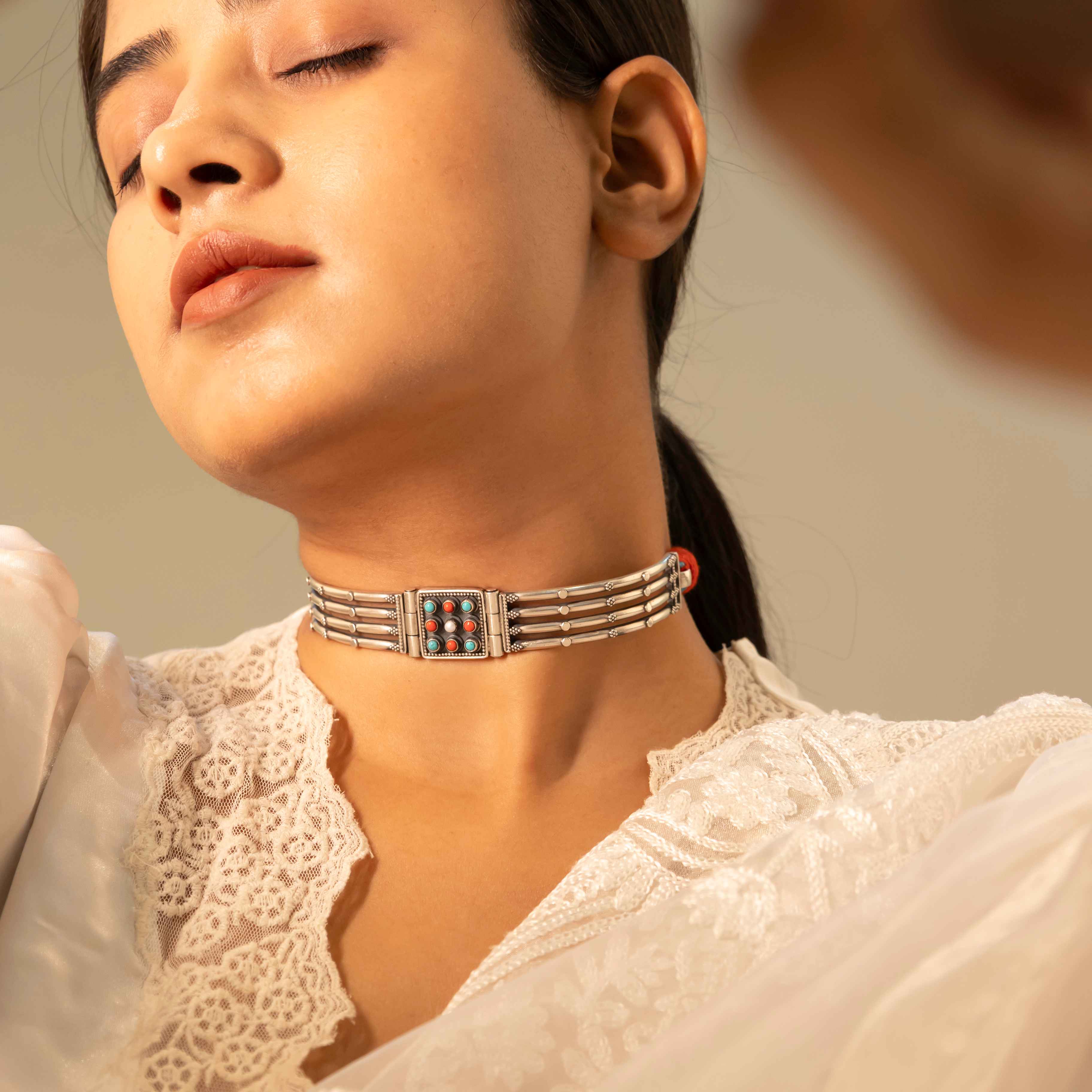 Tattva Vintage Inspired Classic Line Sequence Turquoise Coral Choker