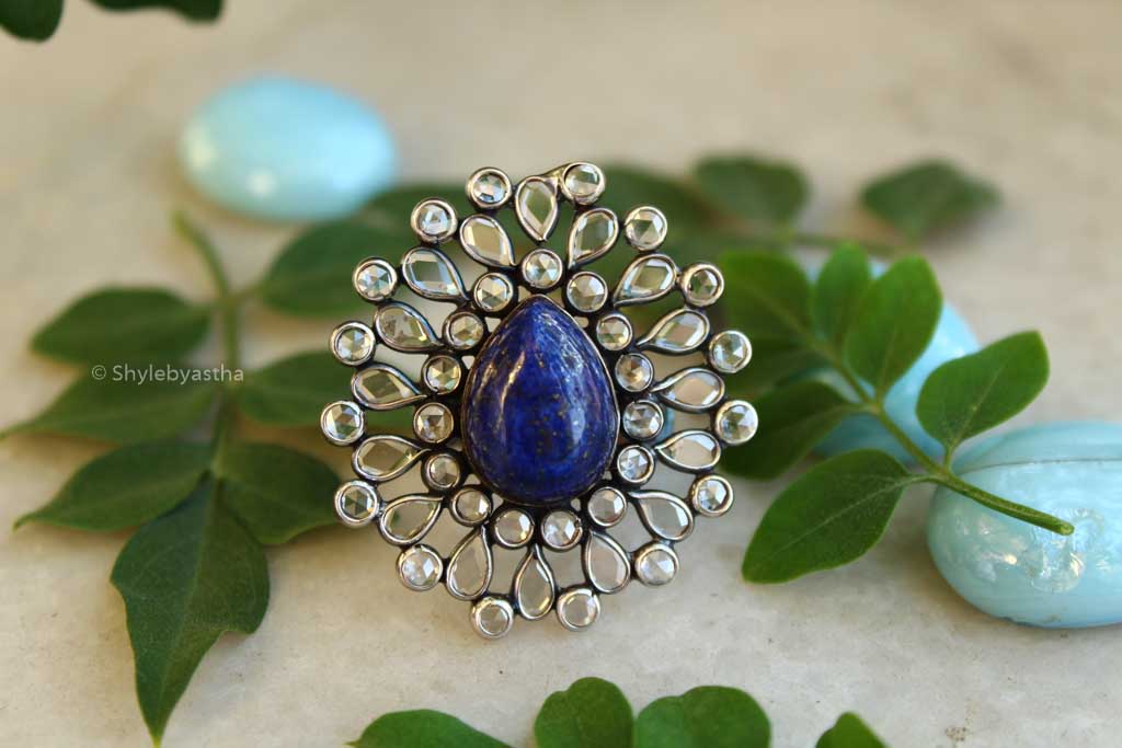 Essence Lapiz Lazuli Studded Swarovski Silver Junagadi Ring