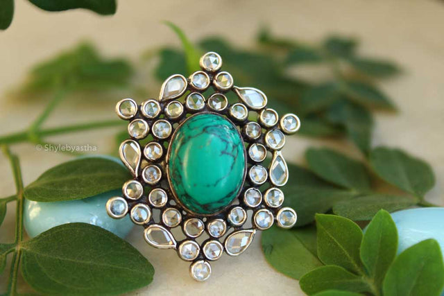 Essence Turquoise Zircon Studded Silver Ring
