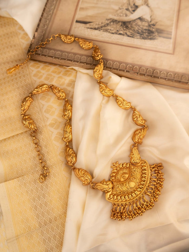 Anvaya Peacock Embossed Chandra Gold Tone Statement Necklace