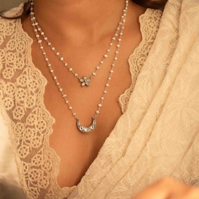 92.5 sterling silver Essence Kundan Chaand Phool Moti Necklace