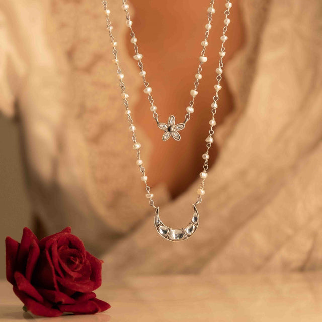 92.5 sterling silver Essence Kundan Chaand Phool Moti Necklace, view 2