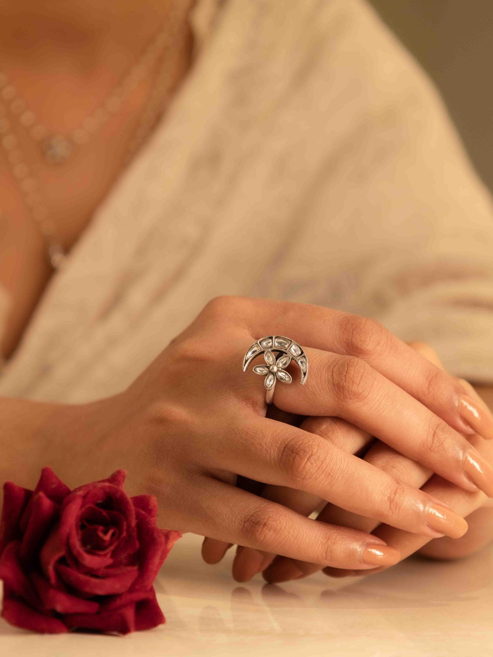 Essence Kundan Chaand Phool Moti Necklace Earring Ring Set