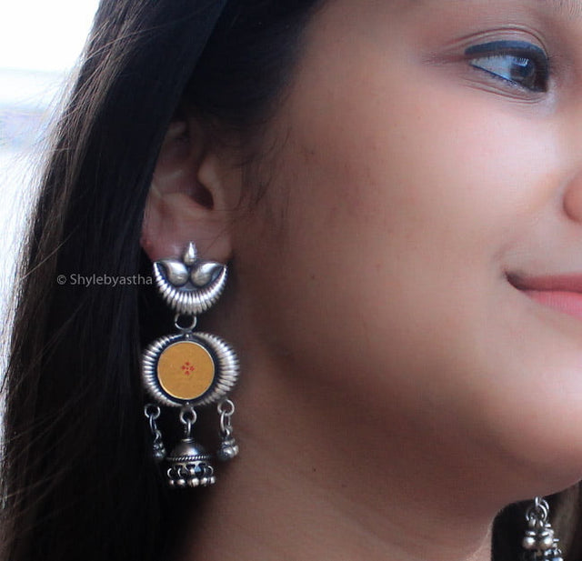 Moh Crescent Moon Floral Glass Painted Jhumkis