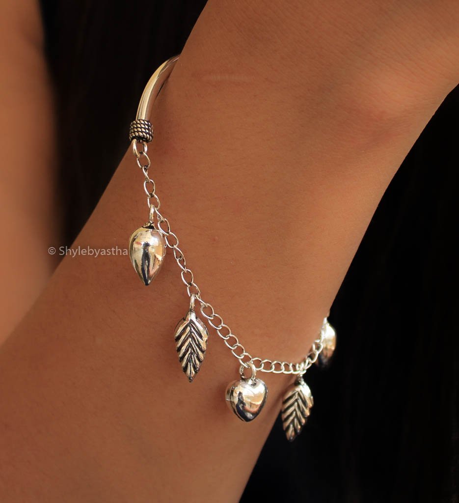 Hearts-Petal Half Bangle and Chain Charm Bracelet