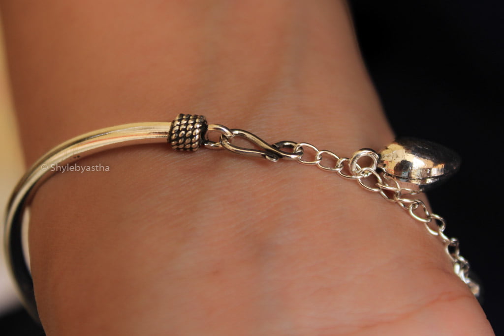 Hearts-Petal Half Bangle and Chain Charm Bracelet