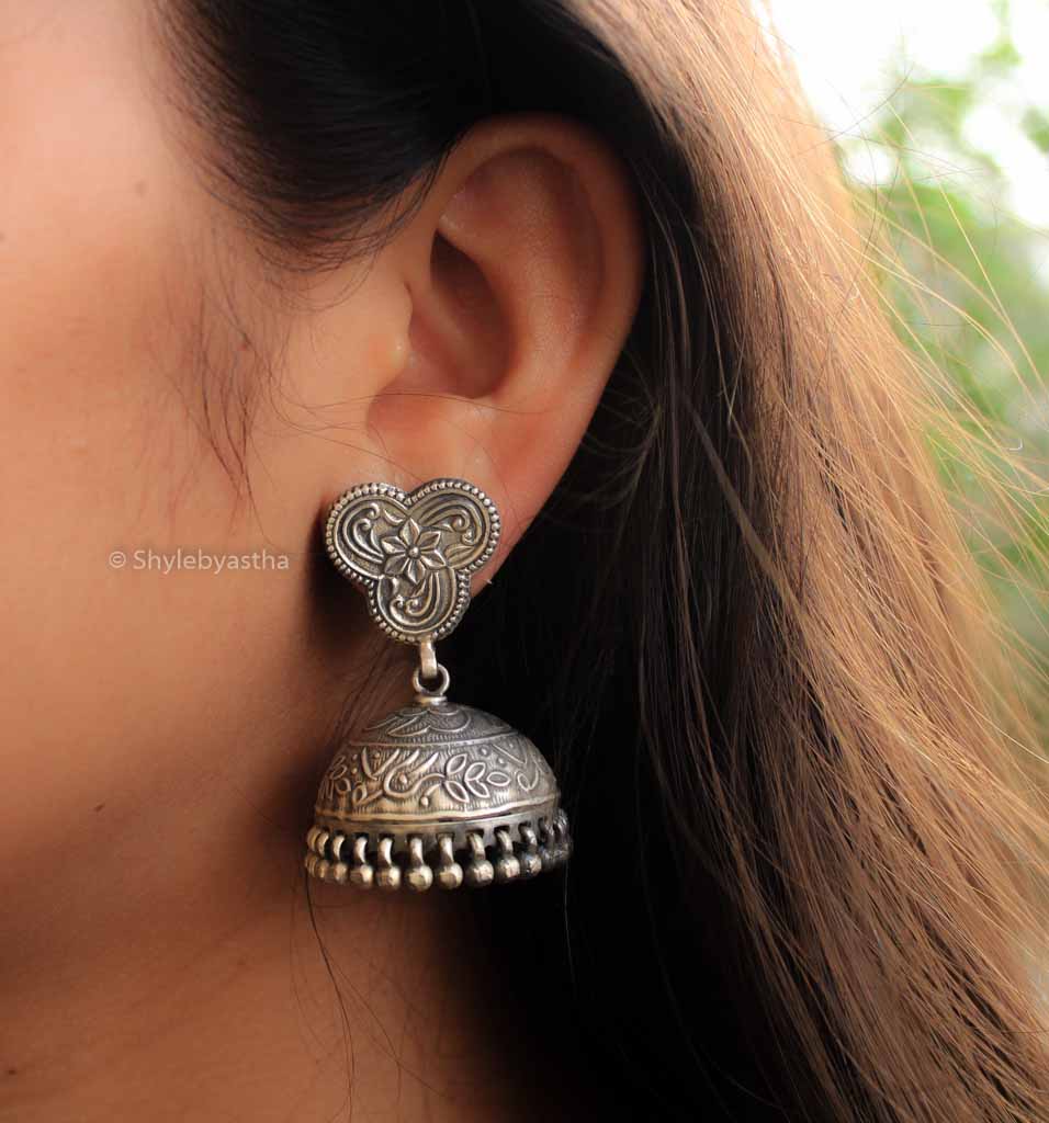 Mizoya Finely Embossed Silver Art Jhumkis