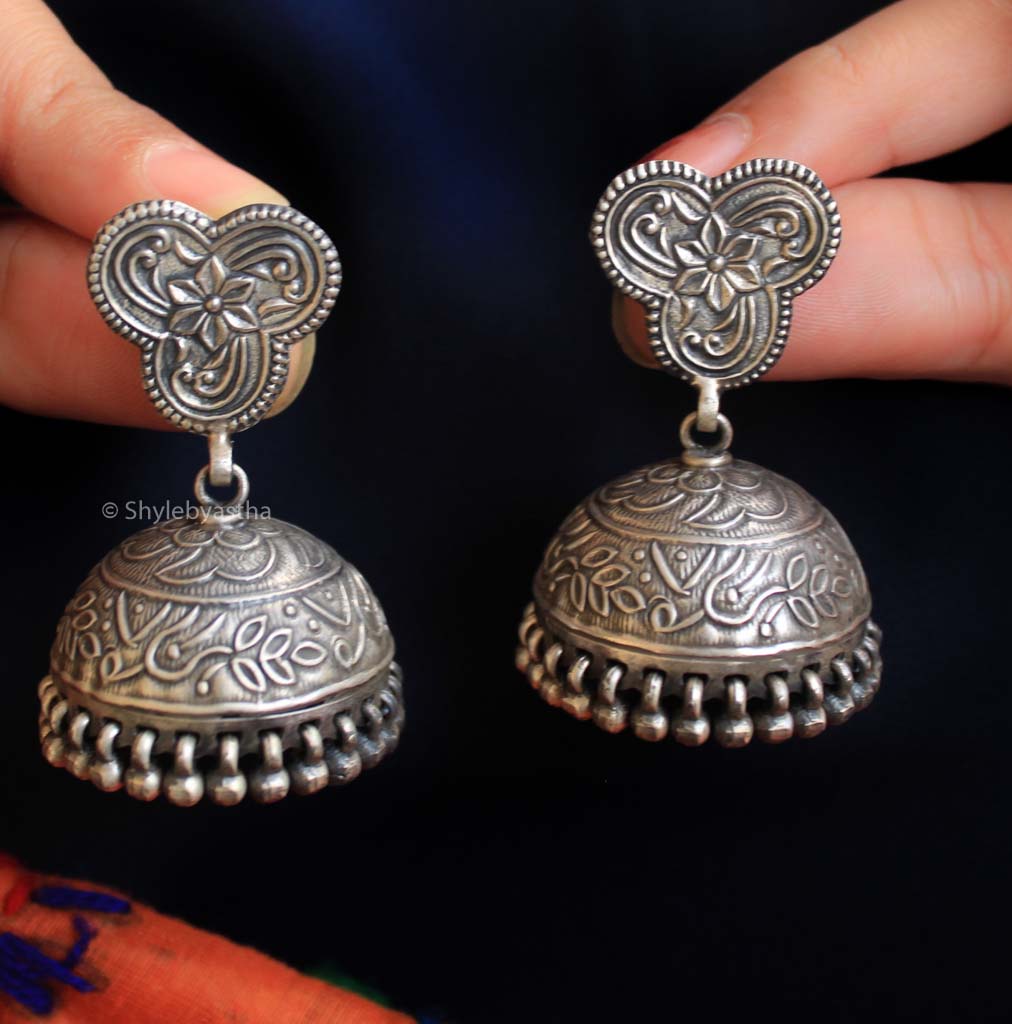 Mizoya Finely Embossed Silver Art Jhumkis