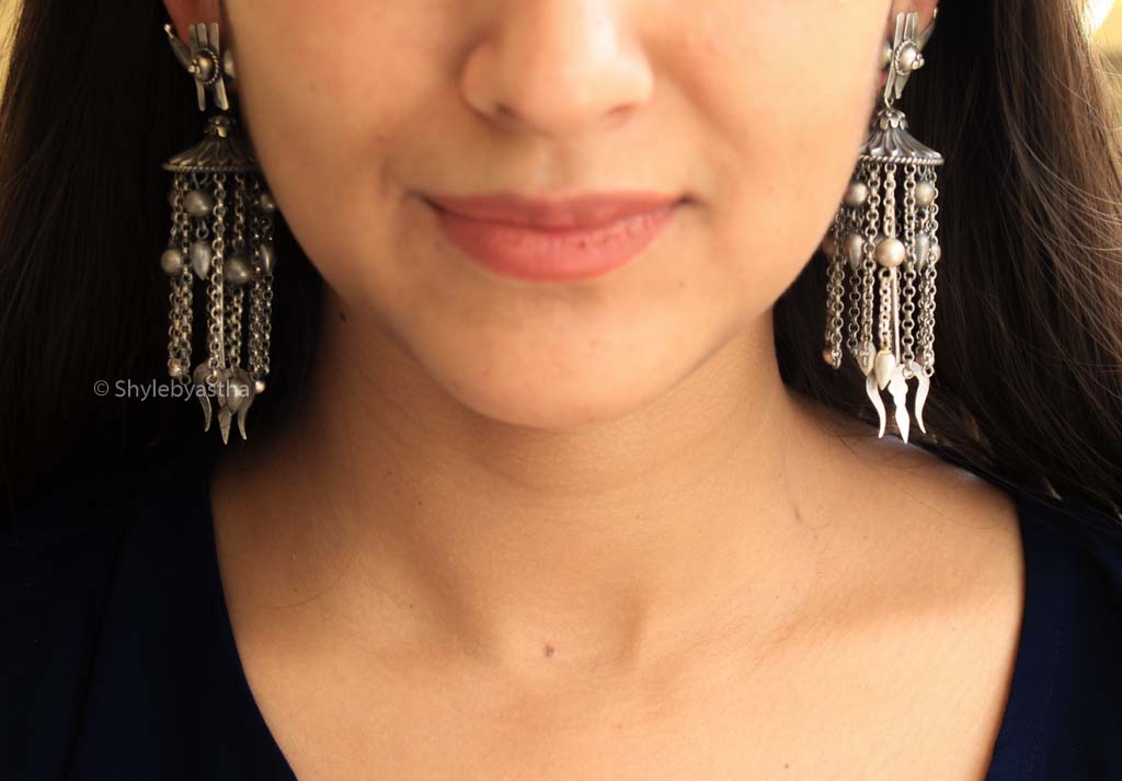 Shiva Moon Motif Chain Veiled Trishul Earrings