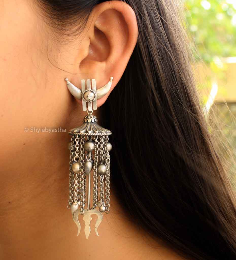 Shiva Moon Motif Chain Veiled Trishul Earrings
