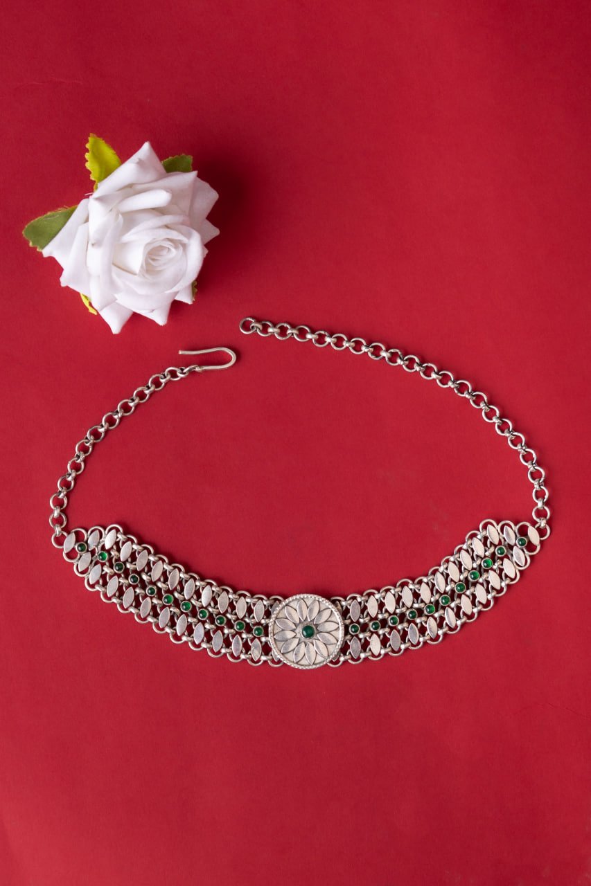 Mizoya Flower Motif Green Jadau Choker