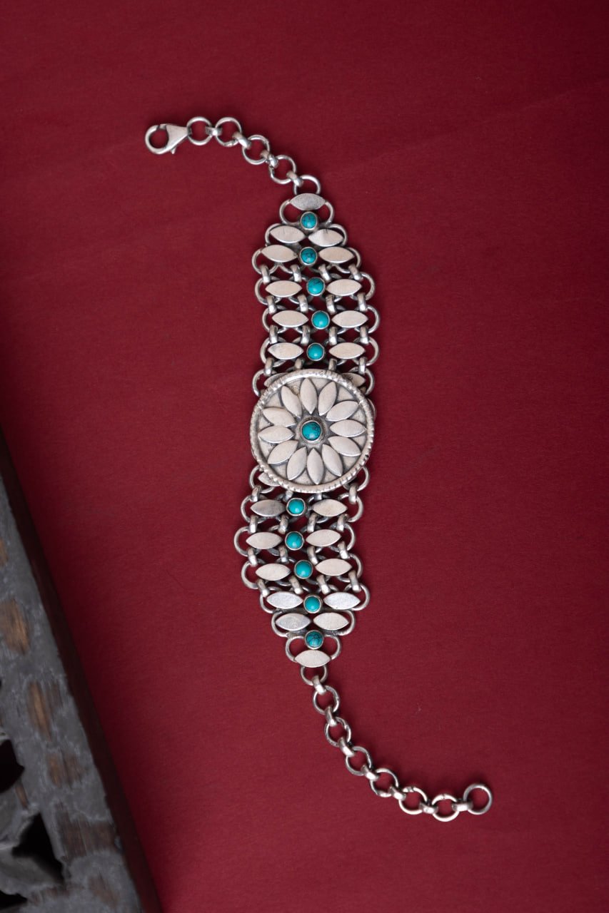 Mizoya Flower Motif Jali Jadau Turquoise Bracelet