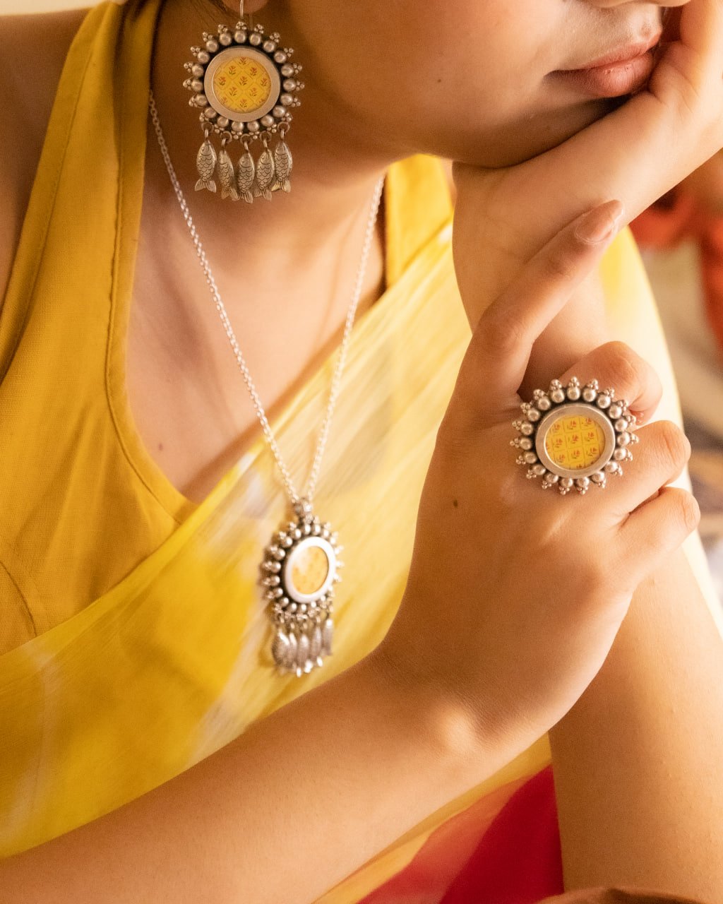 Mizoya Handpainted Fish Drop Necklace Earring Ring Set