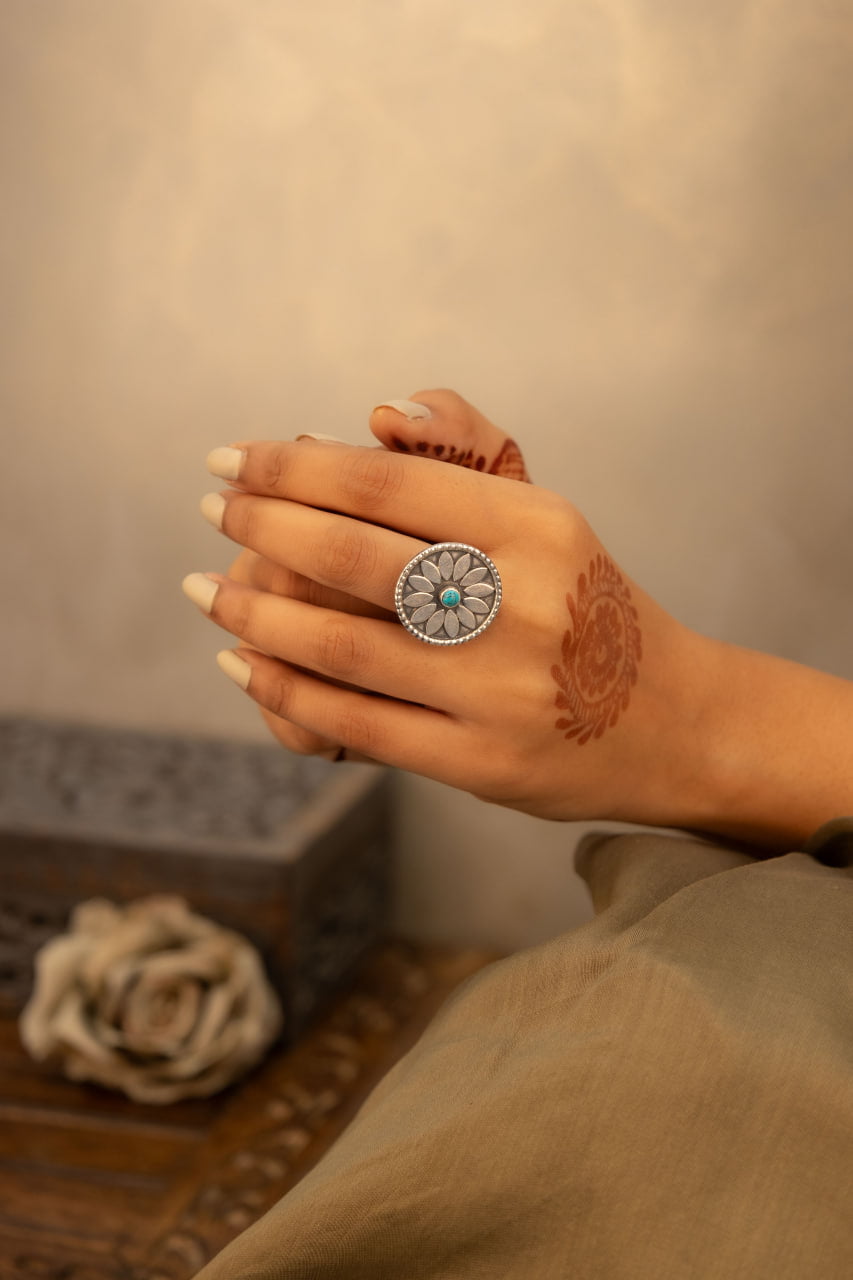 Mizoya Intricate Flower Turquoise Ring