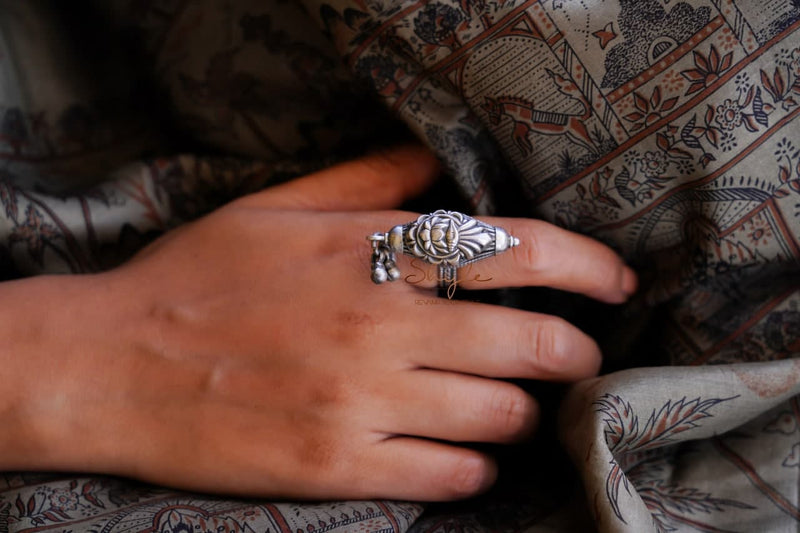 Mizoya Lotus Motif Classic Ghughri Drop Ring
