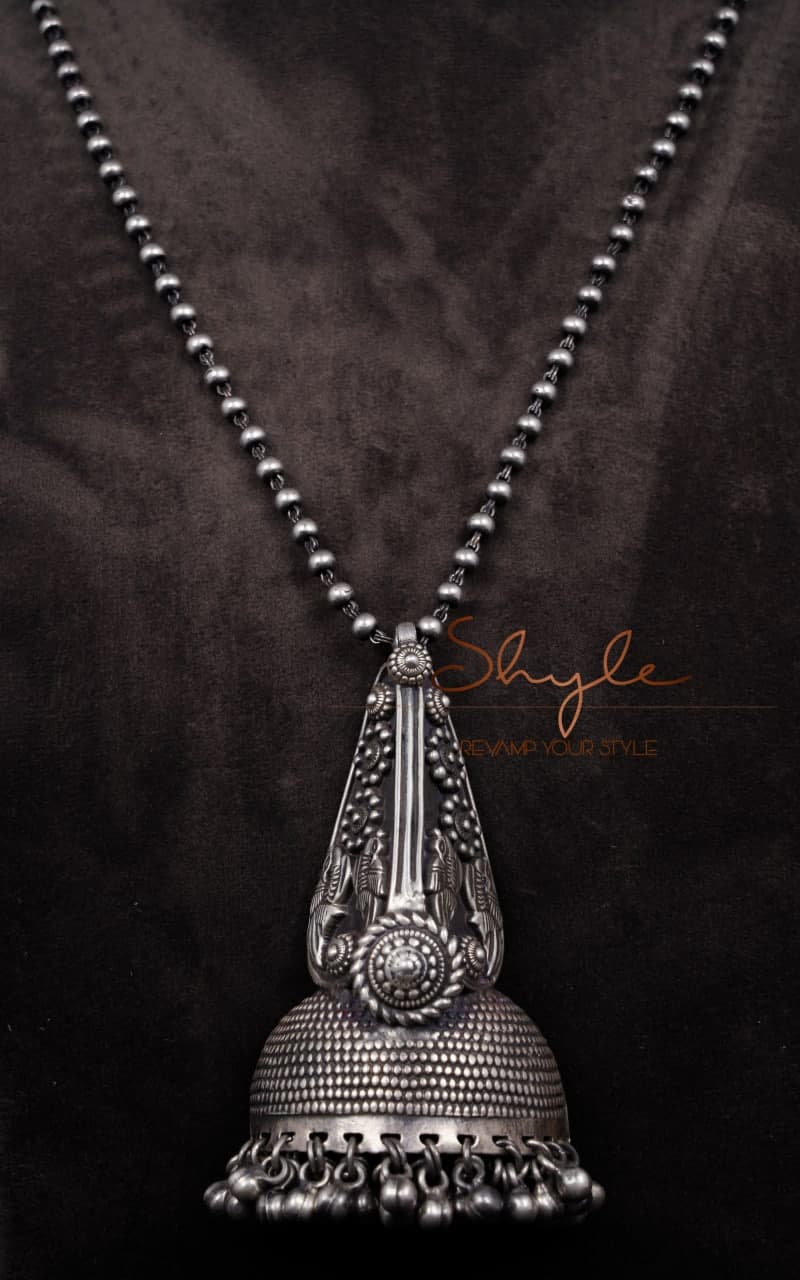 Mizoya Intricate Motif Embossed Jhumka Ball Chain Necklace