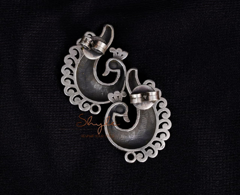 925 pure silver intricate peacock studs, side view