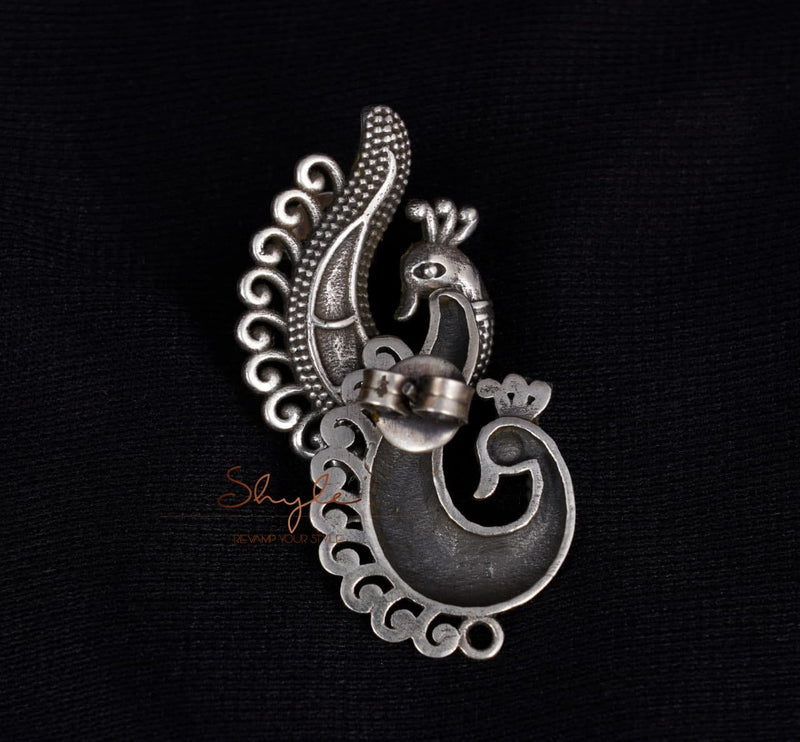 925 pure silver intricate peacock studs, reverse view