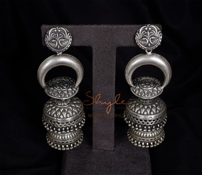 Tattva Peacock Motif Embossed Layered Statement Jhumka front