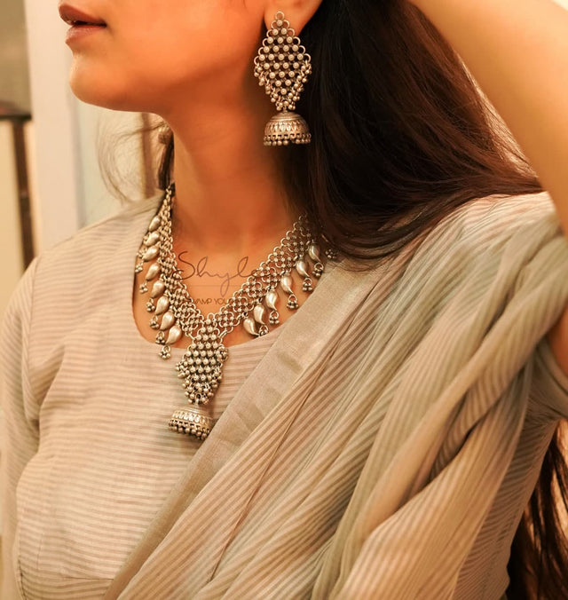 Tattva Intricate Jali Jhumka Drop Statement Necklace Set