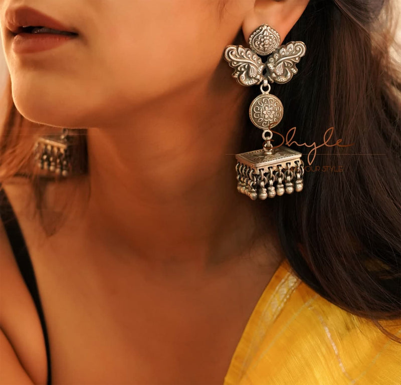 Tattva Dual peacock motif Intricate Flat Jhumka model
