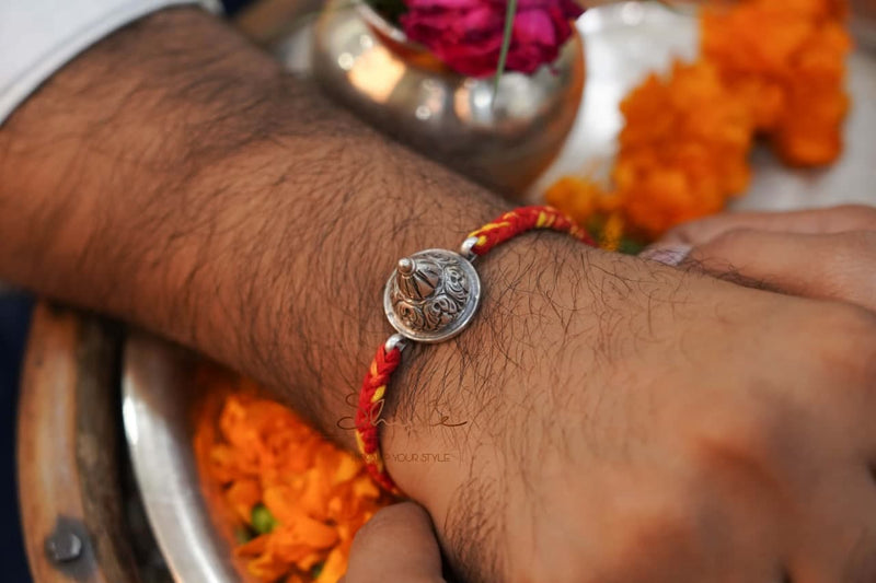 925 pure silver chitai embossed dhaal rakhi, alternate view