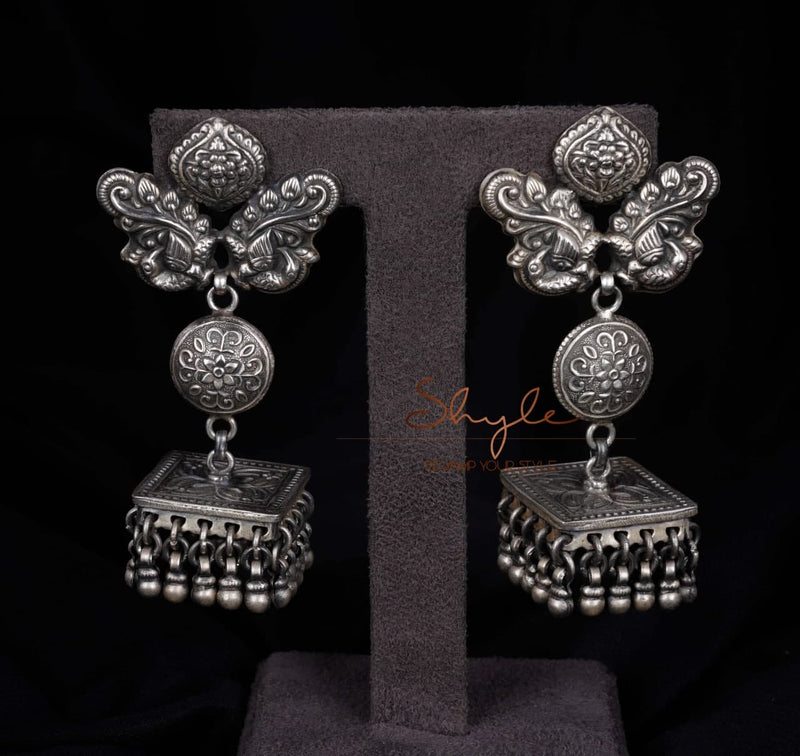 Tattva Dual peacock motif Intricate Flat Jhumka front