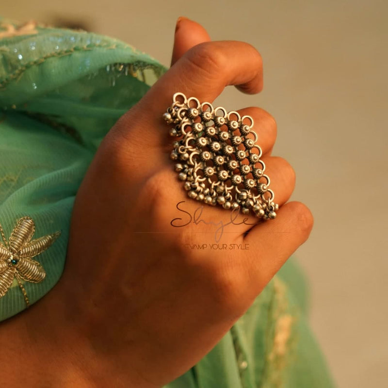925 pure silver intricate jali ghughri statement ring, alternate view