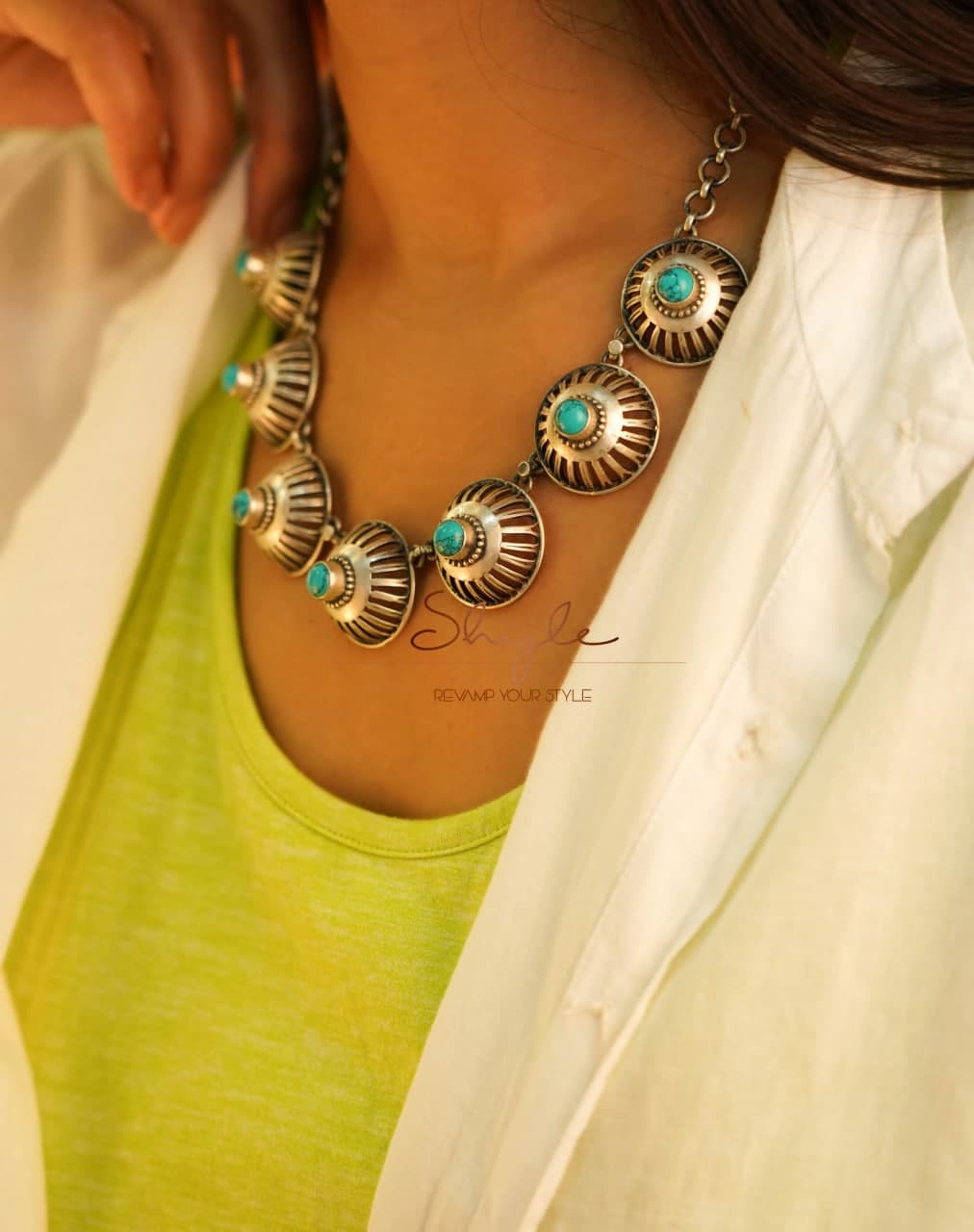 Tattva Turquoise Embossed Carved Sequence Necklace