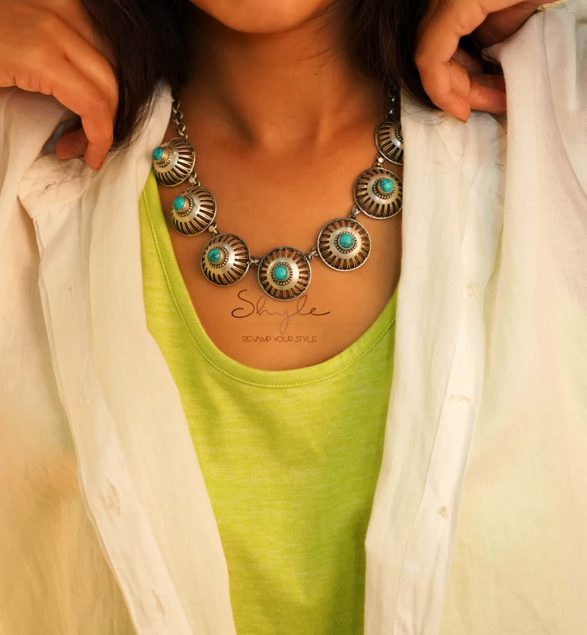 Tattva Turquoise Embossed Carved Sequence Necklace model