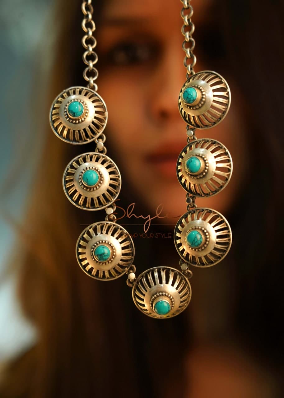 Tattva Turquoise Embossed Carved Sequence Necklace front