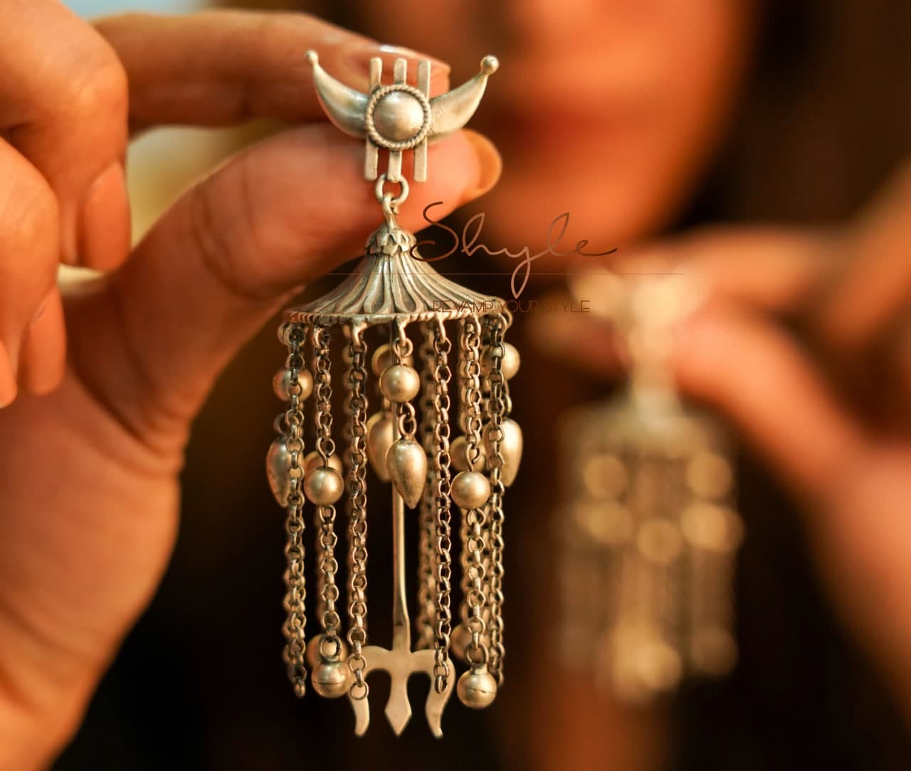 Shiva Chandra Motif Trishul Dangling Statement Earrings