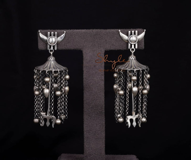 Shiva Chandra Motif Trishul Dangling Statement Earrings