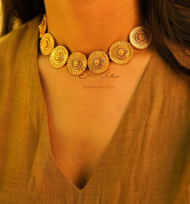 Adya Intricate Motif Sequence Gold Necklace