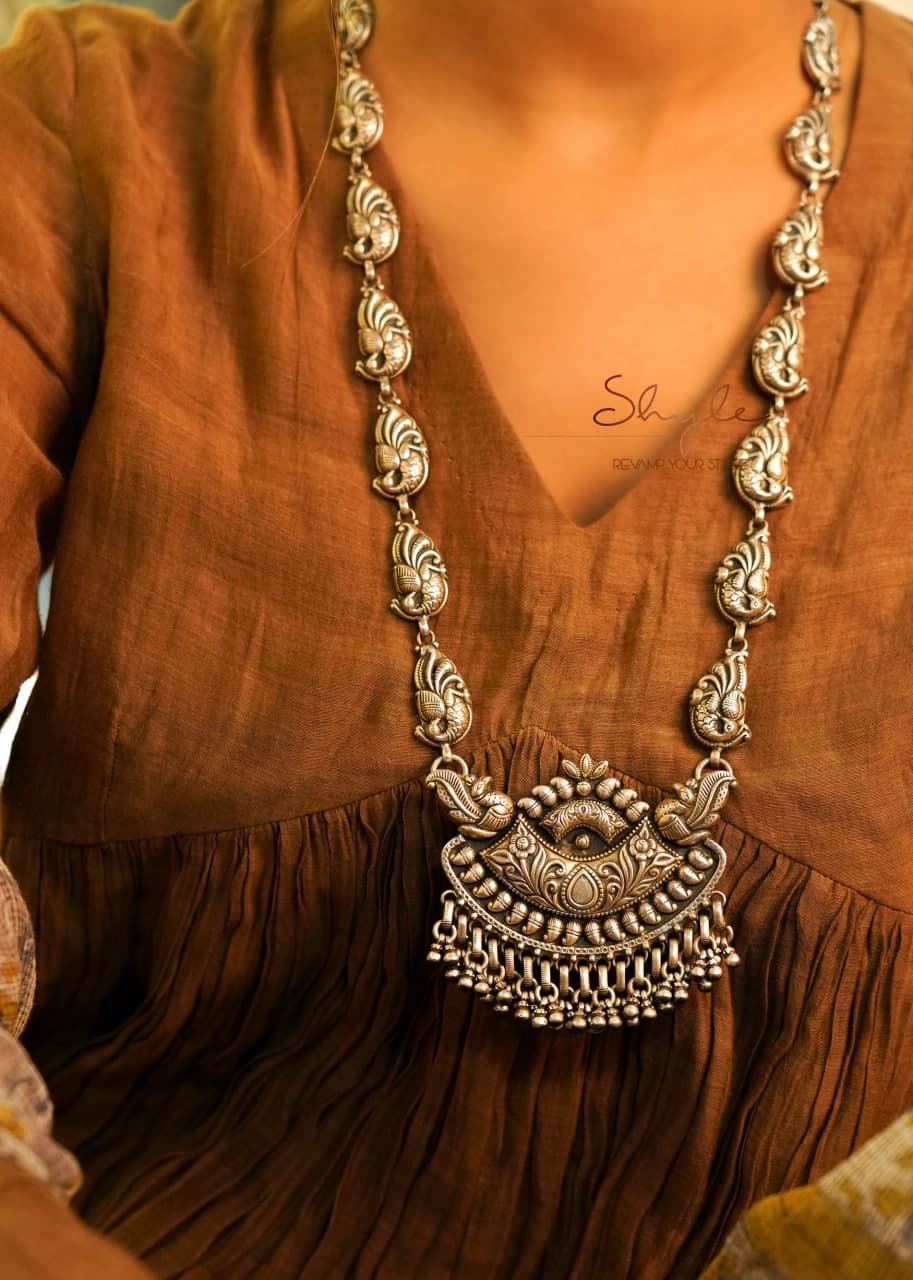 Anvaya Intricate Peacock Embossed Chandra Necklace